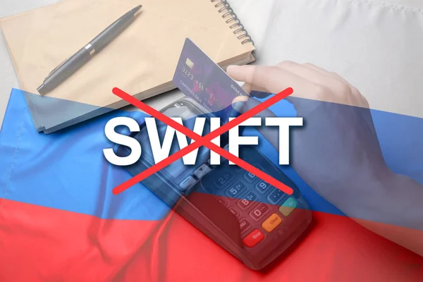 Triple Exposure Payment Terminal Russian Flag Crossed Out Word Swift — Photo