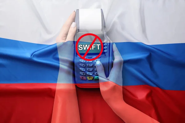 Triple Exposure Hands Payment Terminal Russian Flag Crossed Out Word — Photo