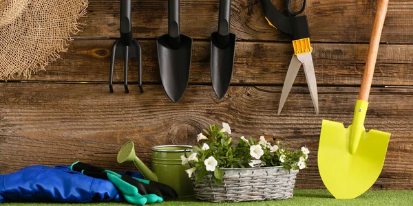 Conjunto Suministros Jardinería Sobre Fondo Madera — Foto de Stock