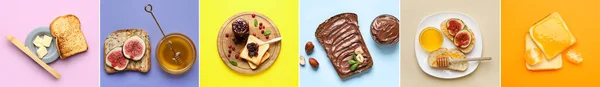 Collage Tasty Sandwiches Jams Chocolate Paste Honey Figs Butter Color — Fotografia de Stock