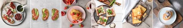 Set Tasty Toasts Meat Cheese Jam Fruits Light Background Top — 스톡 사진