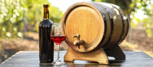 Barrel Bottle Glass Red Wine Table Vineyard — Fotografia de Stock