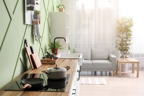 Interior Stylish Kitchen White Counter Sofa — Foto Stock