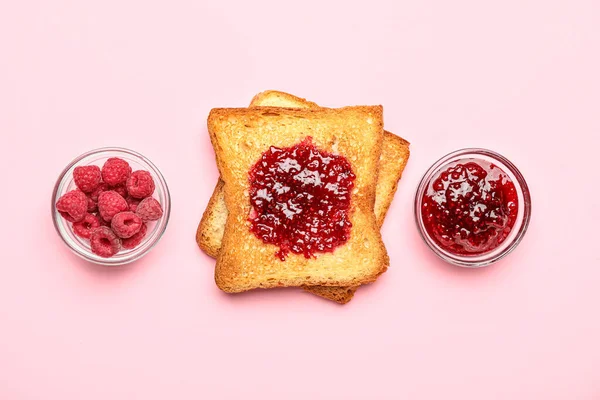 Composition Toasts Jam Raspberry Pink Background — Foto Stock