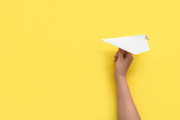 Woman White Paper Plane Yellow Background — Foto de Stock