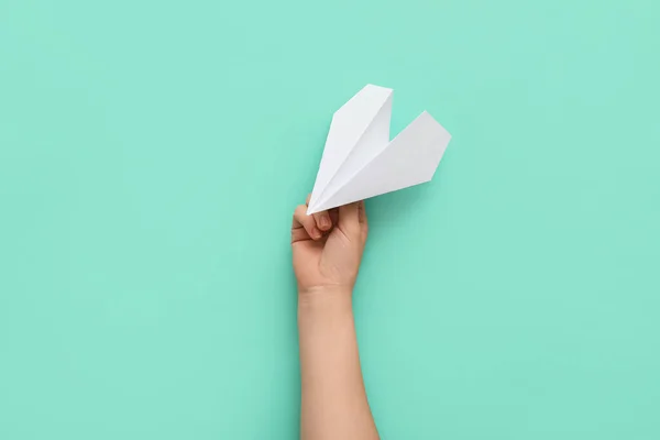 Woman White Paper Plane Color Background — Foto de Stock