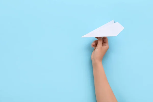 Woman White Paper Plane Blue Background — 图库照片