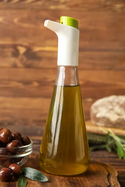 Bottle Fresh Olive Oil Wooden Table Closeup — Stock Photo, Image