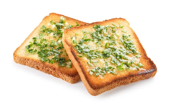 Slices Toasted Garlic Bread Parsley White Background — Fotografia de Stock