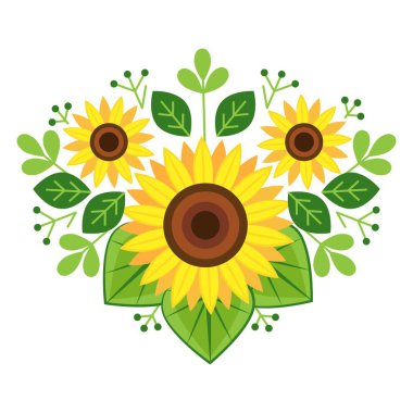 Composition with beautiful sunflowers on white background