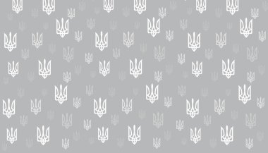 Many coats of arms of Ukraine on grey background. Pattern for design