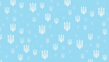 Many coats of arms of Ukraine on blue background. Pattern for design