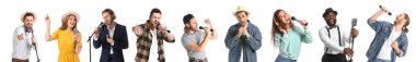 Set of people singing in microphones isolated on white