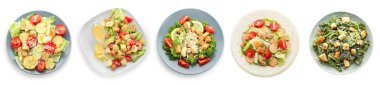 Collage of plates with tasty Caesar salad on white background, top view