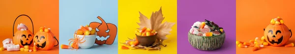 Συλλογή Γλυκών Καραμέλες Για Halloween Φόντο Χρώμα — Φωτογραφία Αρχείου