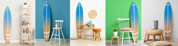 Collage Stylish Interiors Surfboard Wall — Stock Photo, Image