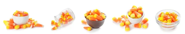 Collage Sweet Candy Corns Halloween White Background —  Fotos de Stock