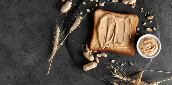 Tasty Toasted Bread Peanut Butter Dark Background Space Text — Fotografia de Stock