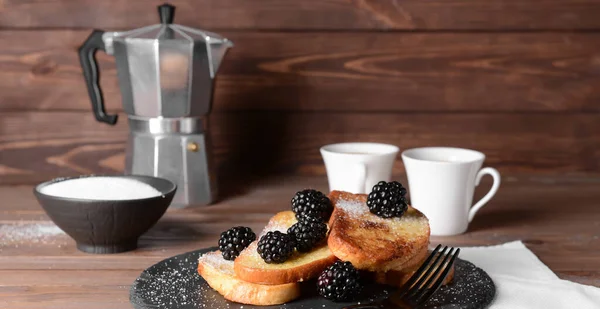 Tasty French Toasts Blackberry Wooden Table — Stock Photo, Image