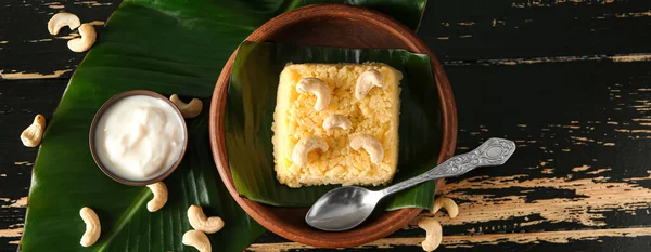 Plate Traditional Indian Food Pongal Dark Wooden Background Top View — Fotografia de Stock