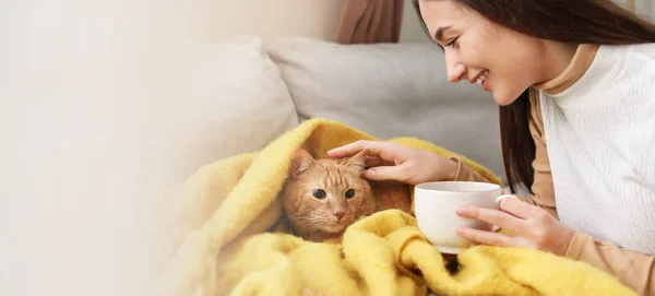 Woman Cute Red Cat Drinking Hot Tea Home Autumn Day — Stock Photo, Image