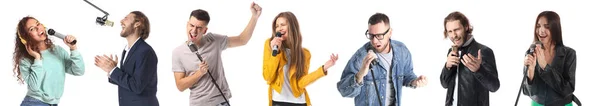 Set People Singing Microphones Isolated White — Stok fotoğraf