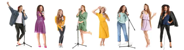Set Beautiful Women Singing Microphones Isolated White — Stock Photo, Image