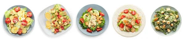 Collage Plates Tasty Caesar Salad White Background Top View — Fotografia de Stock
