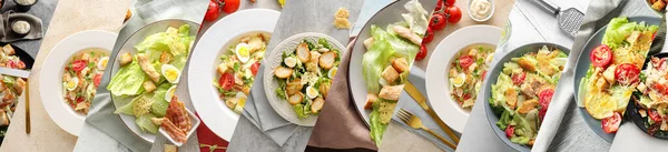 Collage Plates Tasty Caesar Salad Table Top View — Stockfoto
