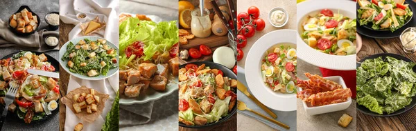 Collage Plates Tasty Caesar Salad Table — Fotografia de Stock