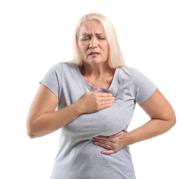 Mature Woman Suffering Breast Pain White Background — Stock Photo, Image