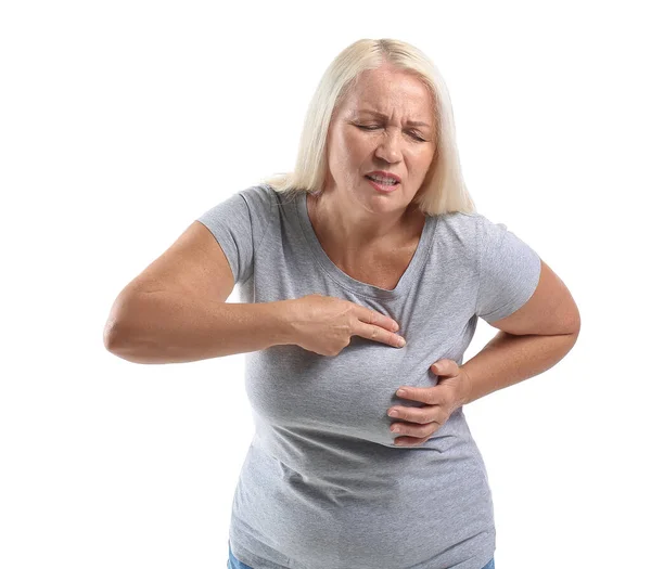 Mature Woman Suffering Breast Pain White Background — Stock Photo, Image