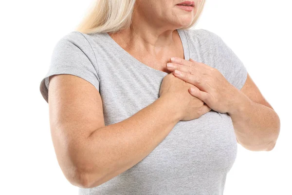 Mature Woman Suffering Breast Pain White Background Closeup — Stockfoto