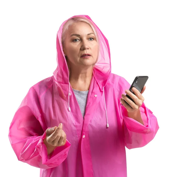 Mature Woman Raincoat Mobile Phone Navigation White Background — Stock Photo, Image
