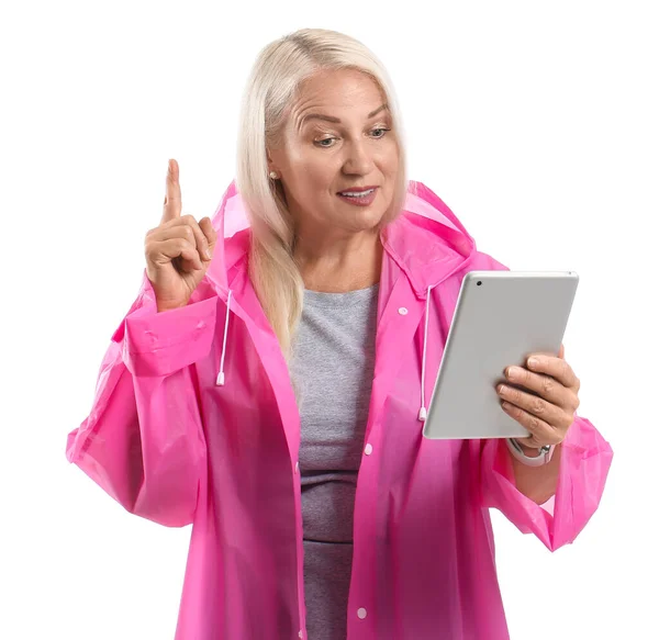 Mature Woman Raised Index Finger Tablet Computer Navigation White Background — Stock fotografie