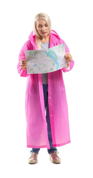 Mature Woman Raincoat City Map White Background — Stock Photo, Image