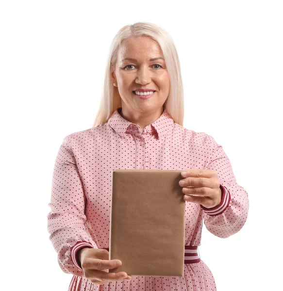 Mature Woman Old Book White Background — Stockfoto