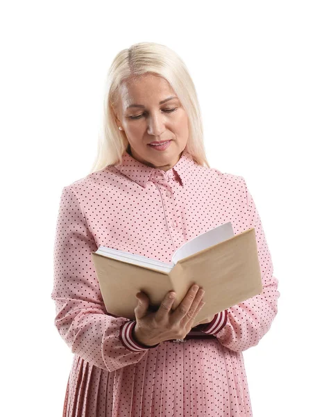 Mature Woman Reading Old Book White Background —  Fotos de Stock