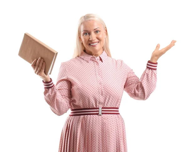 Mature Woman Old Book White Background — Stockfoto
