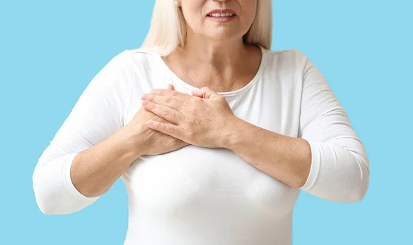 Mature Woman Suffering Breast Pain Blue Background Closeup — Stock Photo, Image