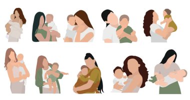 Set of mothers with babies on white background