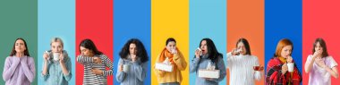 Set of sick women on color background