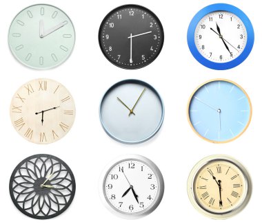 Set of different clocks on white background