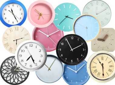 Set of different clocks on white background