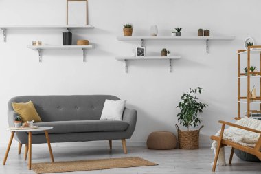 Interior of cozy living room with sofa, shelves and houseplants