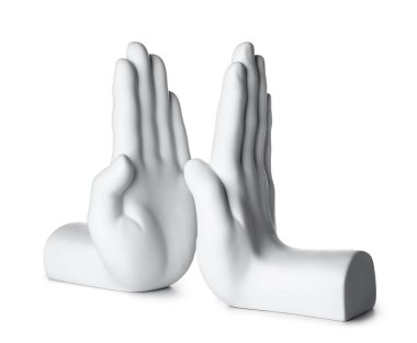 Bookend in shape of hands on white background