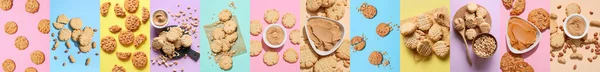 Collage Tasty Cookies Peanuts Butter Color Background Top View — Stockfoto