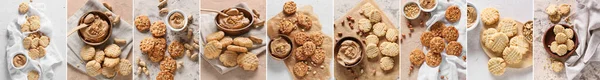 Collage of tasty cookies with peanut butter on grunge background
