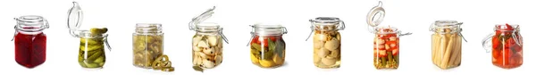 Collection Jars Canned Vegetables White Background — Stockfoto