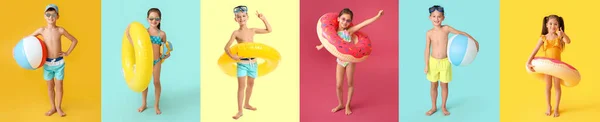 Group Cute Little Children Swimsuits Inflatable Rings Ball Snorkeling Gear — Stockfoto